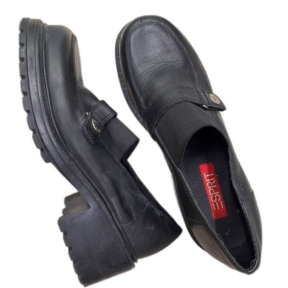 Vintage Esprit Black Leather Platform Chunky Leather Slip On Shoes, Y2K Size 11 - Picture 1 of 10